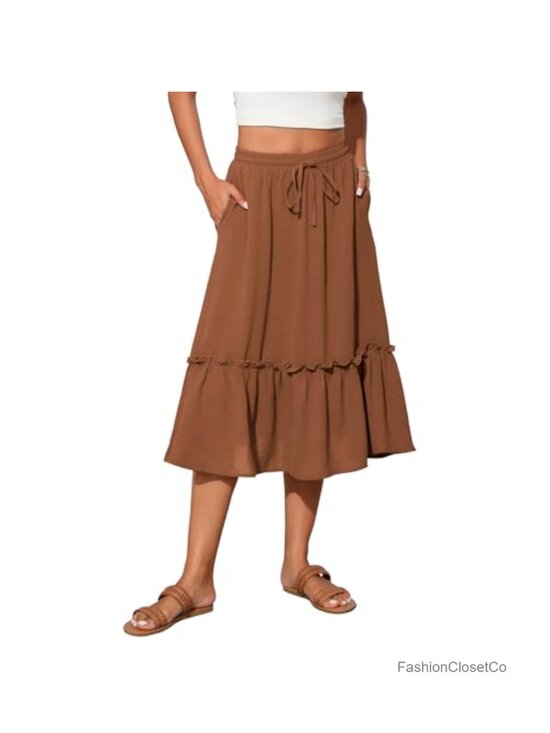 Dresses & Skirts - Womens High Waist Tiered Midi Skirt Flowy Long Length with Pockets